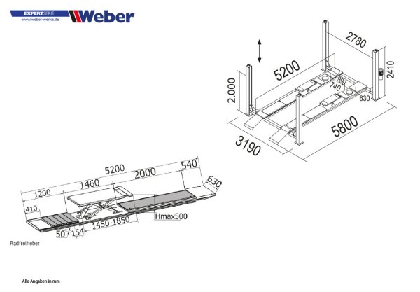 Weber Expert C-455H fyrpelarlyft 5000 kg med integrerad axelfrihjulslyft