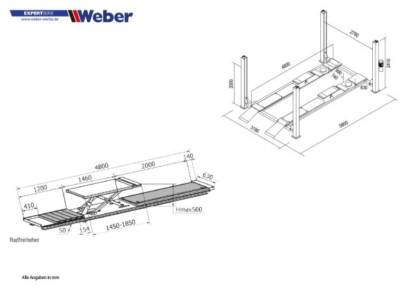 Weber Expert C-445 H fyrpelarlyft 4000 kg med integrerad axelfrihjulslyft