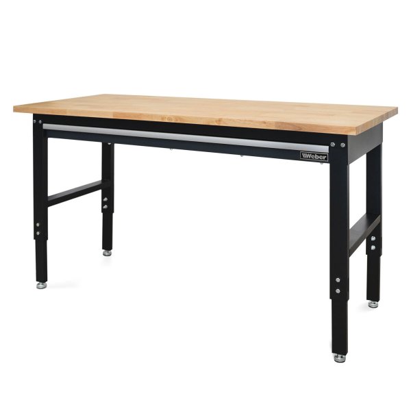 Höjdjusterbar arbetsbänk med låda och träbänkskiva 152 x 60 cm