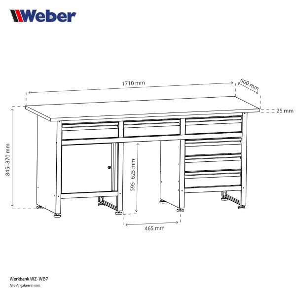 Weber arbetsbänk med 6 lådor, låsbart fack och 171 × 60 cm träarbetsplatta